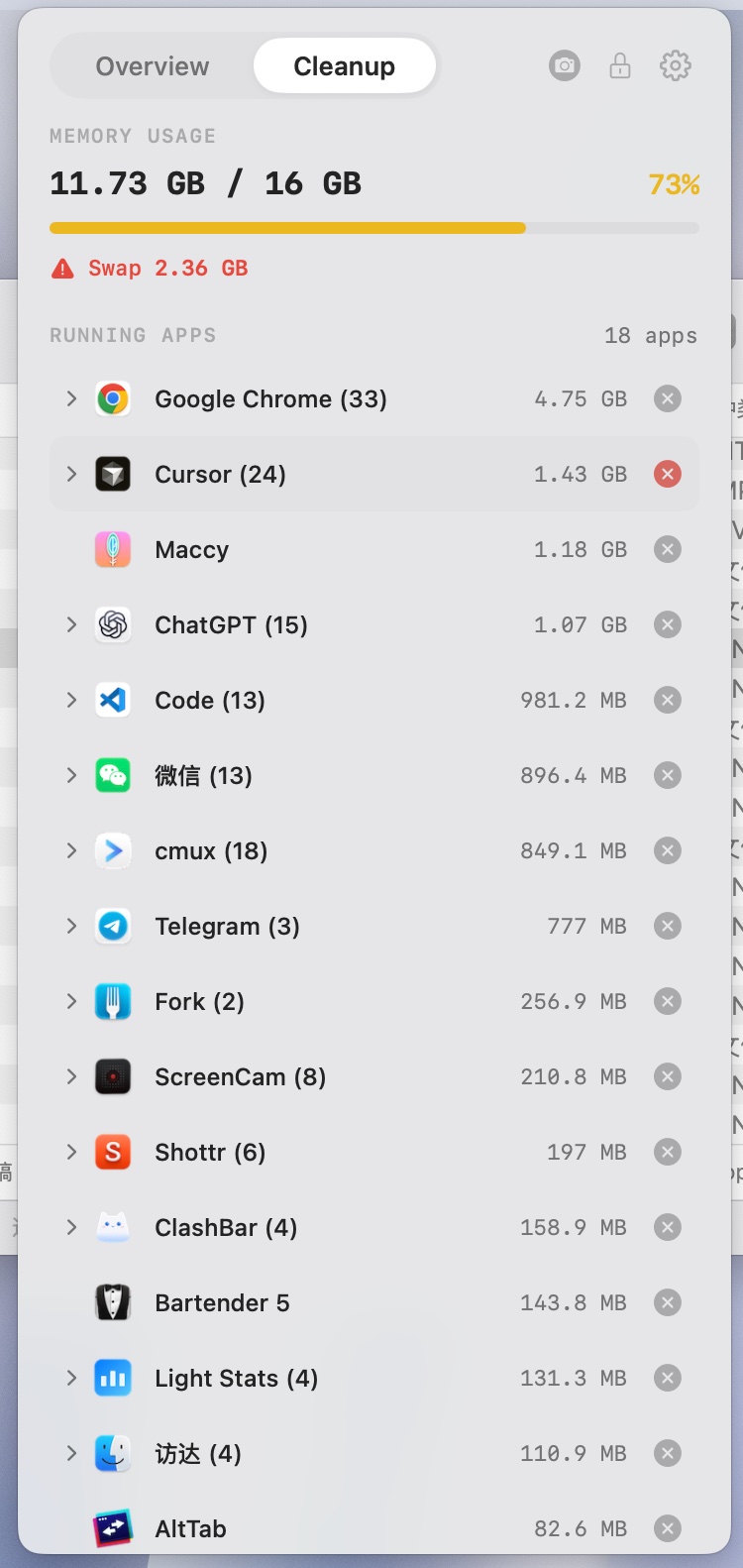 Light Stats Memory tab in the Default theme: apps listed by memory footprint with quit actions.
