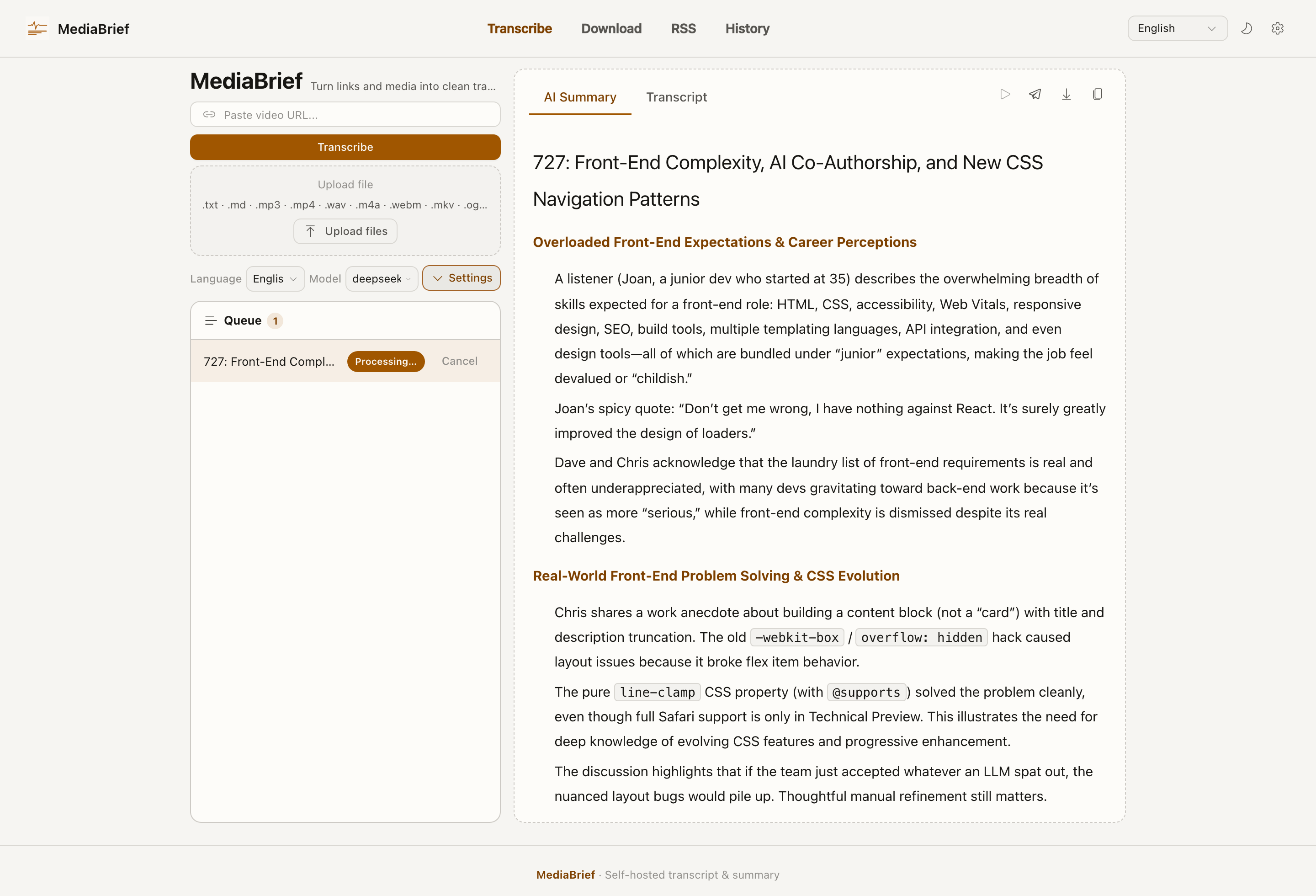 MediaBrief transcribe page with a pasted link and a streamed summary